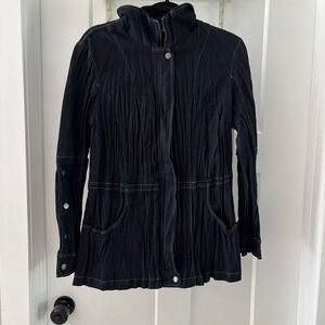 Tribal Women's Denim Dark‎ wash Crinkled Textured Jacket Button Collared Medium